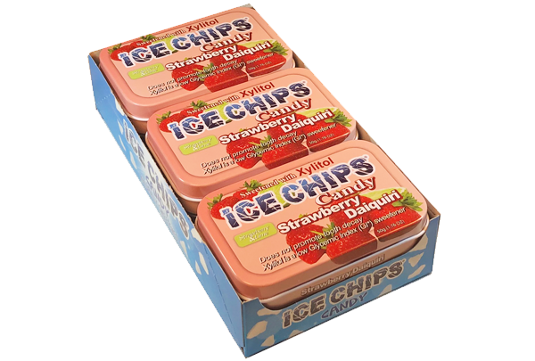 A blue cardboard display box holding six square ice chips tins of Xylitol Ice Chips Candy Strawberry Dalchini, shown on a plain white background.