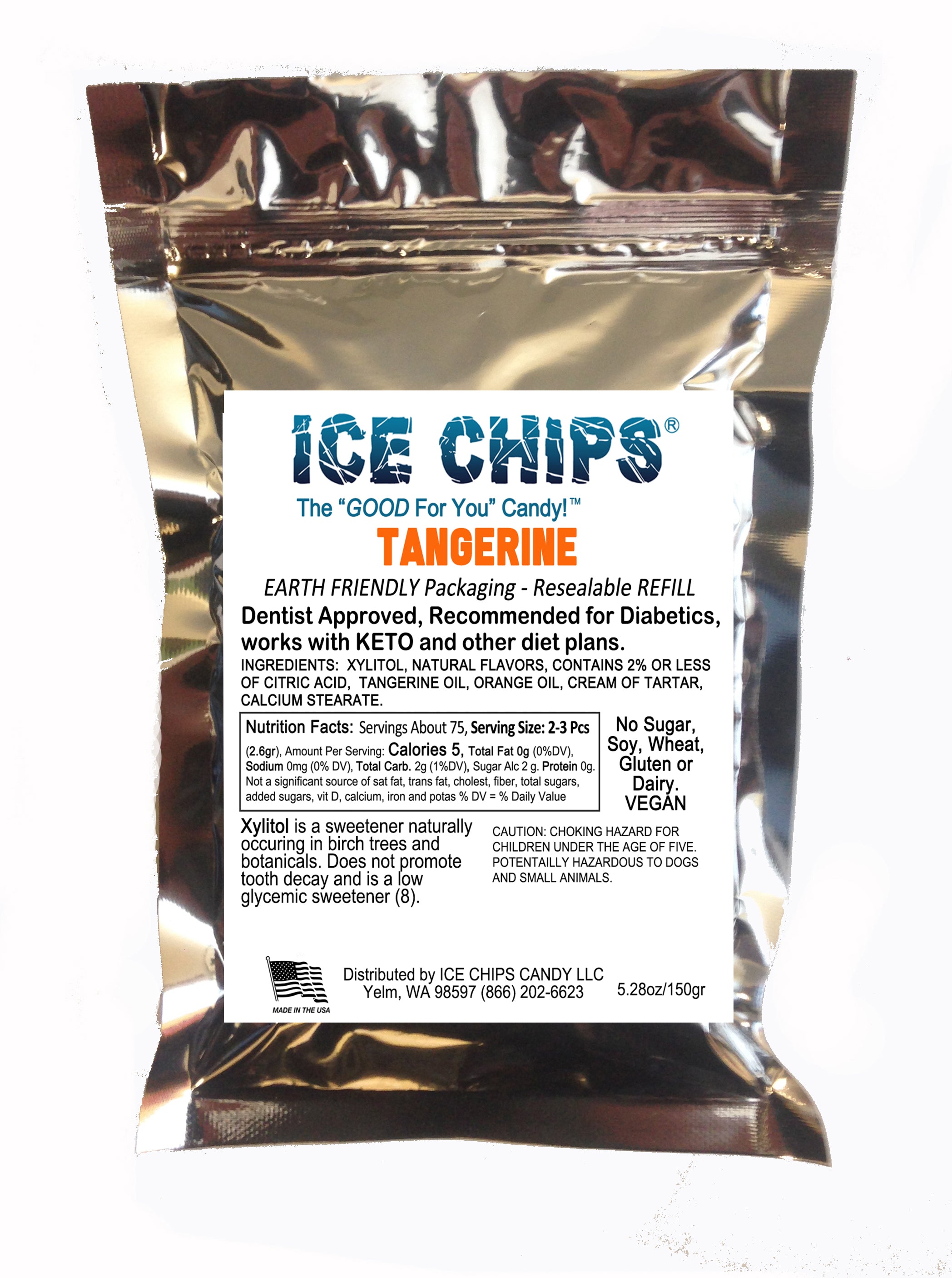 A silver metallic resealable pouch of ICE CHIPS Tangerine flavored Xylitol Candy, featuring a white label with blue and black text, photographed against a plain white background.