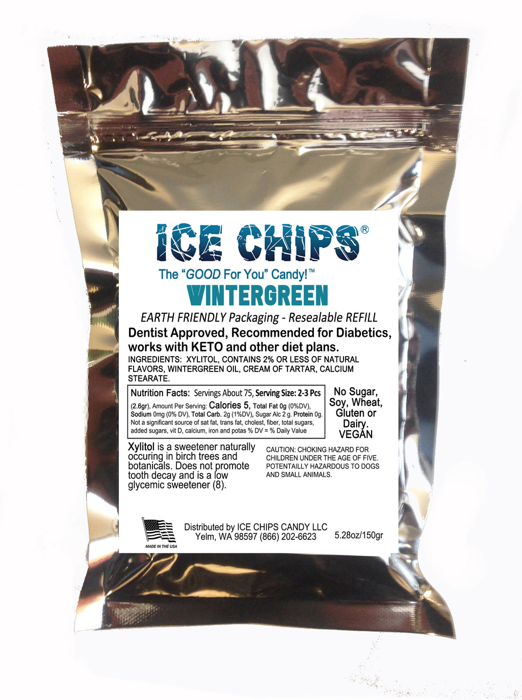 A silver metallic resealable pouch of ICE CHIPS Wintergreen Xylitol candy, featuring a white label with blue text, photographed against a plain white background.