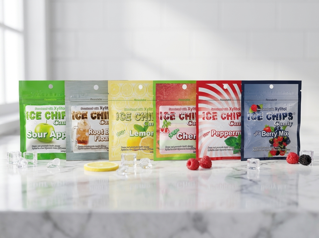 Six stand-up pouches of Xylitol Ice Chips Candy in assorted flavors (Sour App, Root Beer, Lemon, Cherry, Peppermint, Berry Mix) lined up on a white marble surface with ice cubes and fruit garnishes.