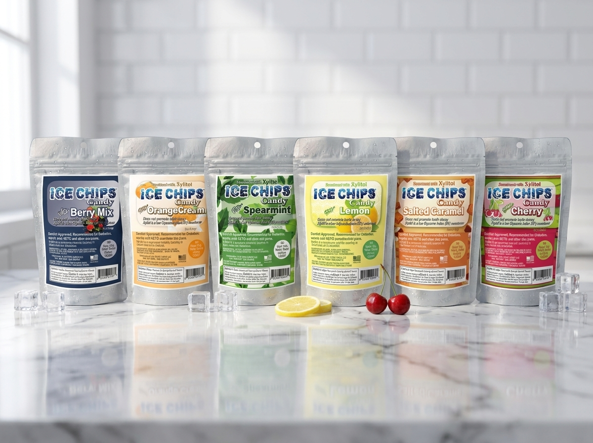 Six stand-up pouches of ICE CHIPS candy mix in assorted flavors arranged on a marble countertop with a white subway tile backsplash. The flavors shown are Berry Mix, Orange Cream, Spearmint, Lemon, Chocolate Chip, and Cherry.