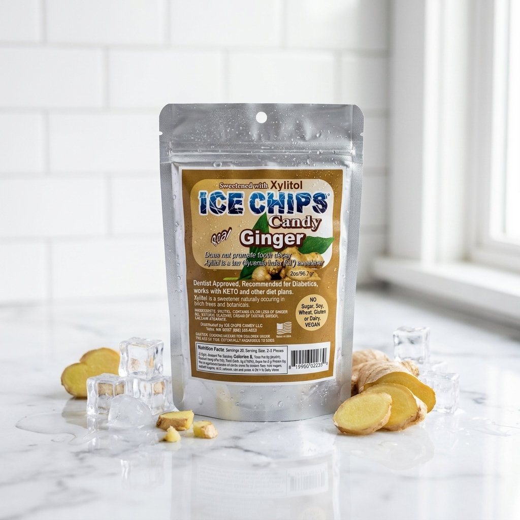 A stand-up pouch of Xylitol Ice Chips Candy Ginger is displayed on a marble surface with ice cubes, loose ginger pieces, and sliced ginger in a bright kitchen setting.