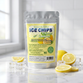 A stand-up pouch of Ice Chips Candy Lemon flavored xylitol candy, surrounded by fresh lemon slices and clear ice cubes on a reflective white surface.