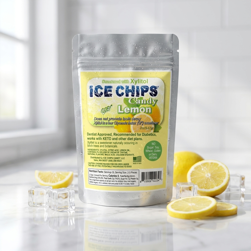 A stand-up pouch of Ice Chips Candy Lemon electrolyte drink mix, surrounded by fresh lemon slices and clear ice cubes on a reflective white surface.