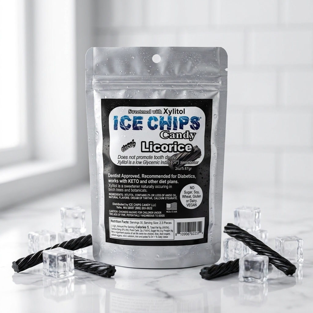 A silver resealable pouch of licorice ice chips candy stands on a glossy white surface with clear ice cubes and twisted black licorice around it. The front label reads 'ICE CHIPS Candy Licorice' and shows the brand as Sweet Tarts Approved.