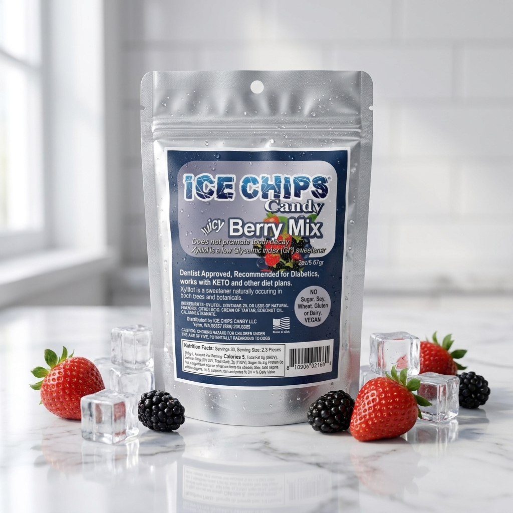 A stand-up pouch of Ice Chips Candy Berry Mix keto candy melts sits on a white marble surface with strawberries, blackberries, and ice cubes around it. The package label is visible and the background is a bright, softly blurred kitchen-like setting.