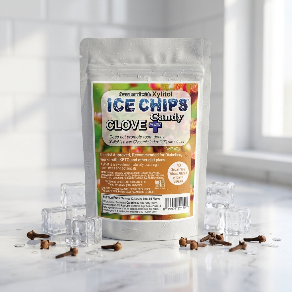 A stand-up pouch of Ice Chips Candy Clove flavor, surrounded by clear ice cubes and cloves on a bright white countertop.