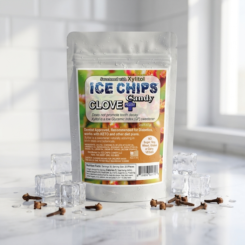 A stand-up pouch of Xylitol Ice Chips Candy Clove flavor, surrounded by clear ice cubes and cloves on a bright white countertop.