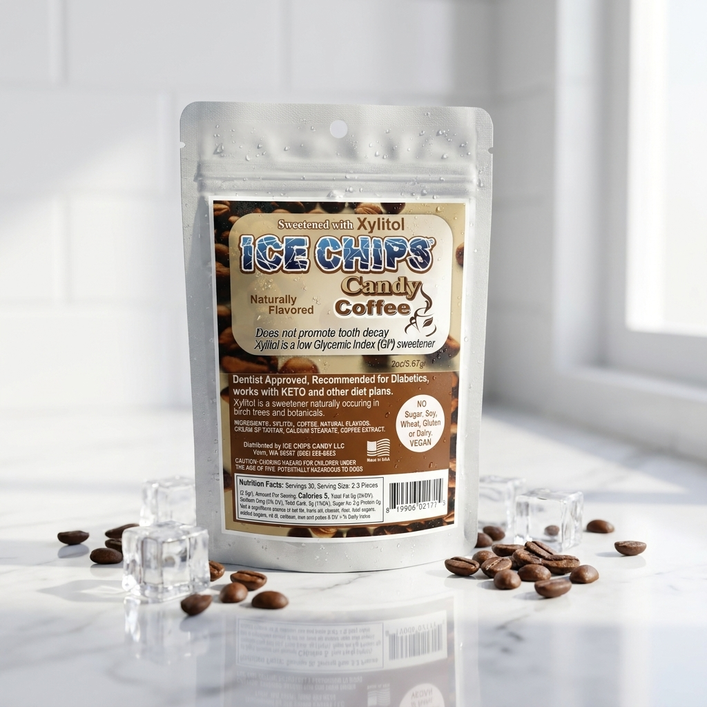 A stand-up pouch of Sweetener Free Xylitol Ice Chips Candy Coffee, surrounded by scattered coffee beans and clear ice cubes on a reflective white surface.