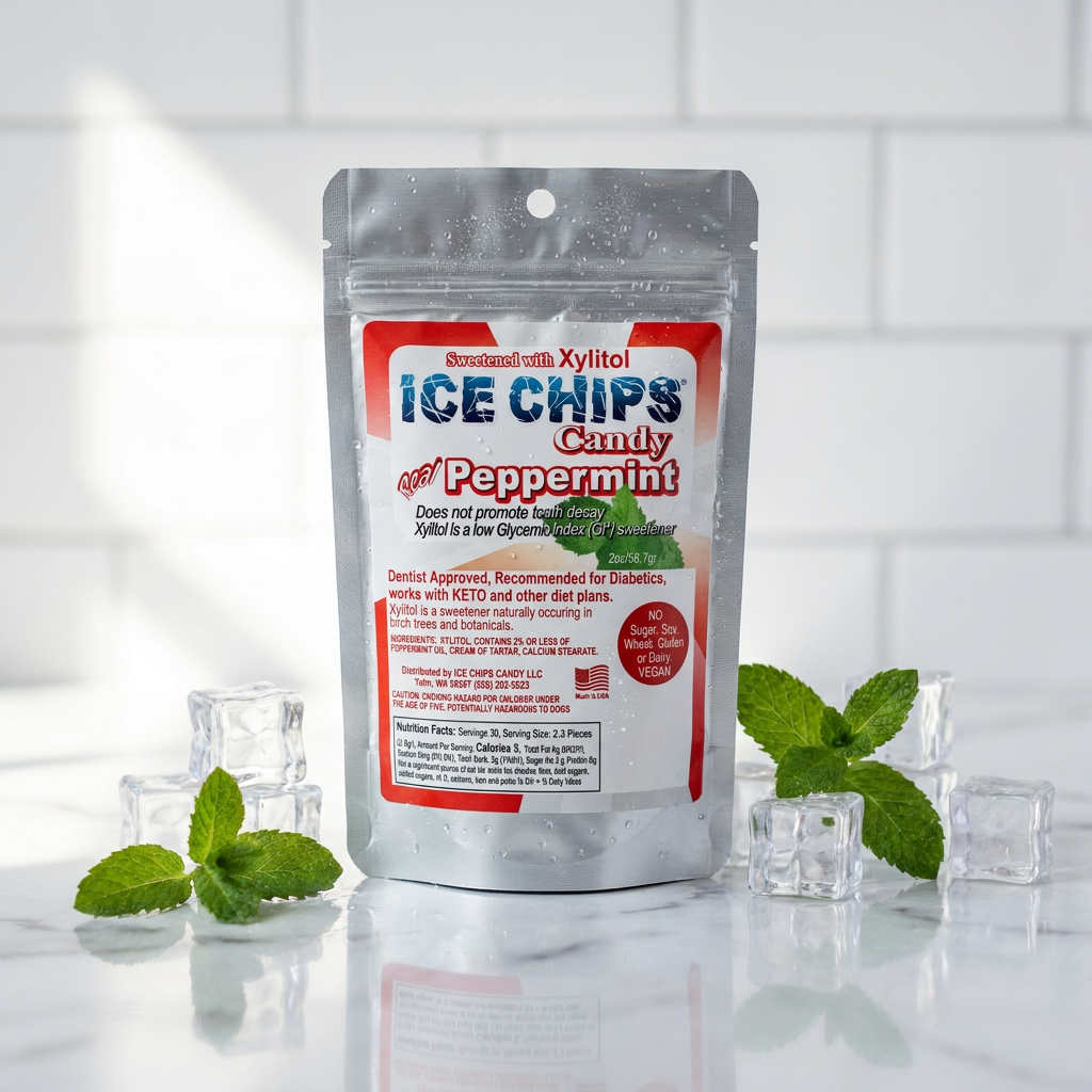 A stand-up pouch of Ice Chips Candy  Peppermint flavored Xylitol Candy, styled on a white reflective surface with mint leaves and clear ice cubes against a white tiled background.