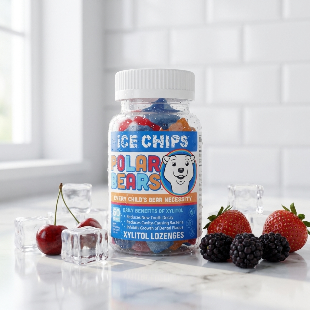 A bottle of Xylitol Lozenges ice chips for kids by Polar Bears, filled with colorful gummy candies, displayed on a white marble countertop with ice cubes, cherries, strawberries, and blackberries in a bright kitchen setting.