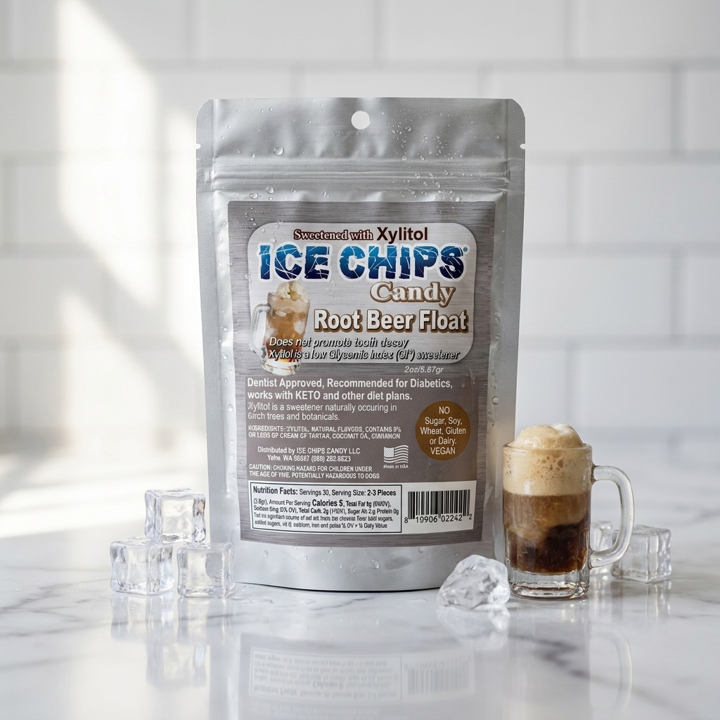 A stand-up pouch of Root Beer Float flavored Ice Chips Candy sits on a marble countertop with ice cubes and a glass of layered root beer float in front of a white subway tile wall.