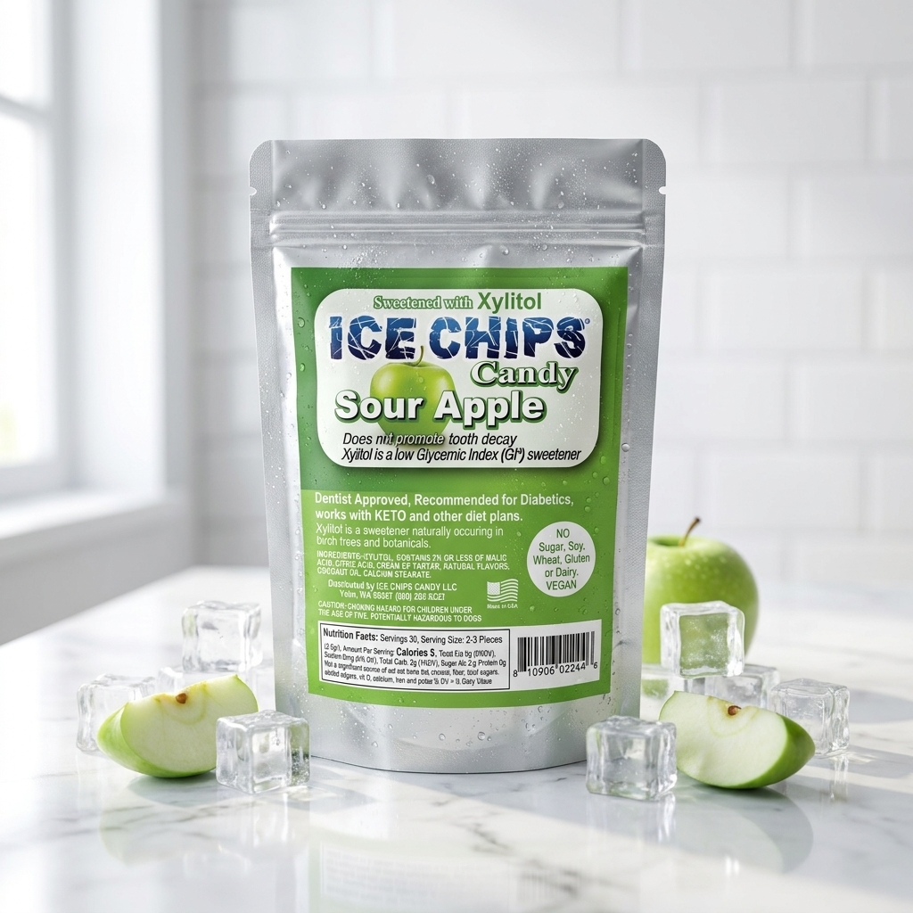A stand-up pouch of Ice Chips Candy Sour Apple Candy sits on a white marble surface with ice cubes and sliced green apples around it. The pouch has a silver body with a large green front label.