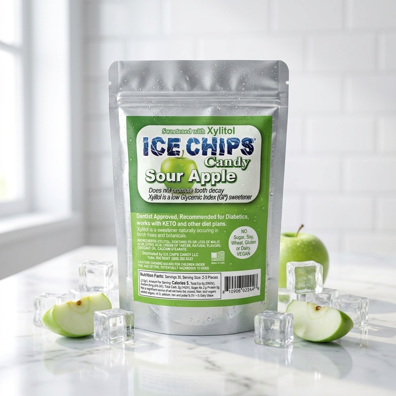 A stand-up pouch of Ice Chips Candy Sour Apple Candy sits on a white marble surface with ice cubes and sliced green apples around it. The pouch has a silver body with a large green front label.
