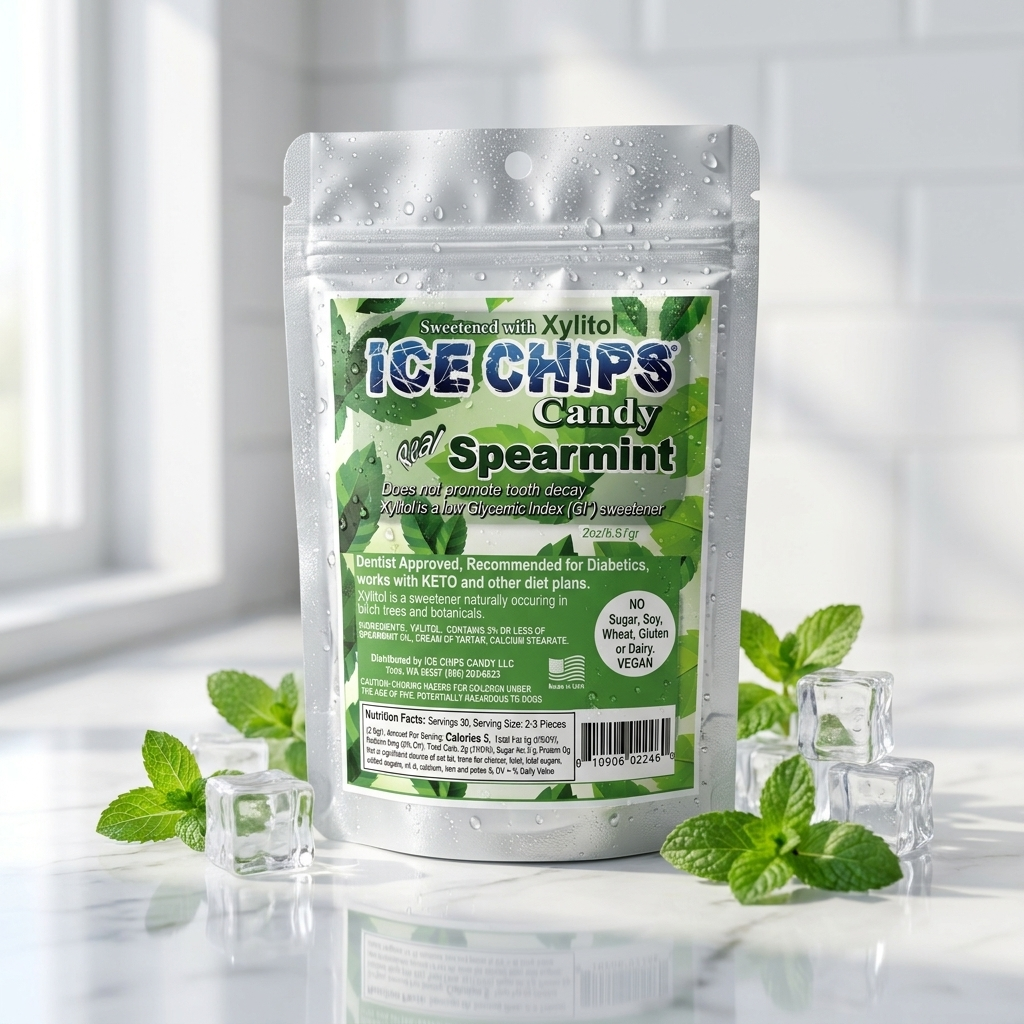 A stand-up pouch of Ice Chips Candy Spearmint candy sits on a glossy white surface with mint leaves and clear ice cubes around it. The pouch is silver with a large green-and-white front label.