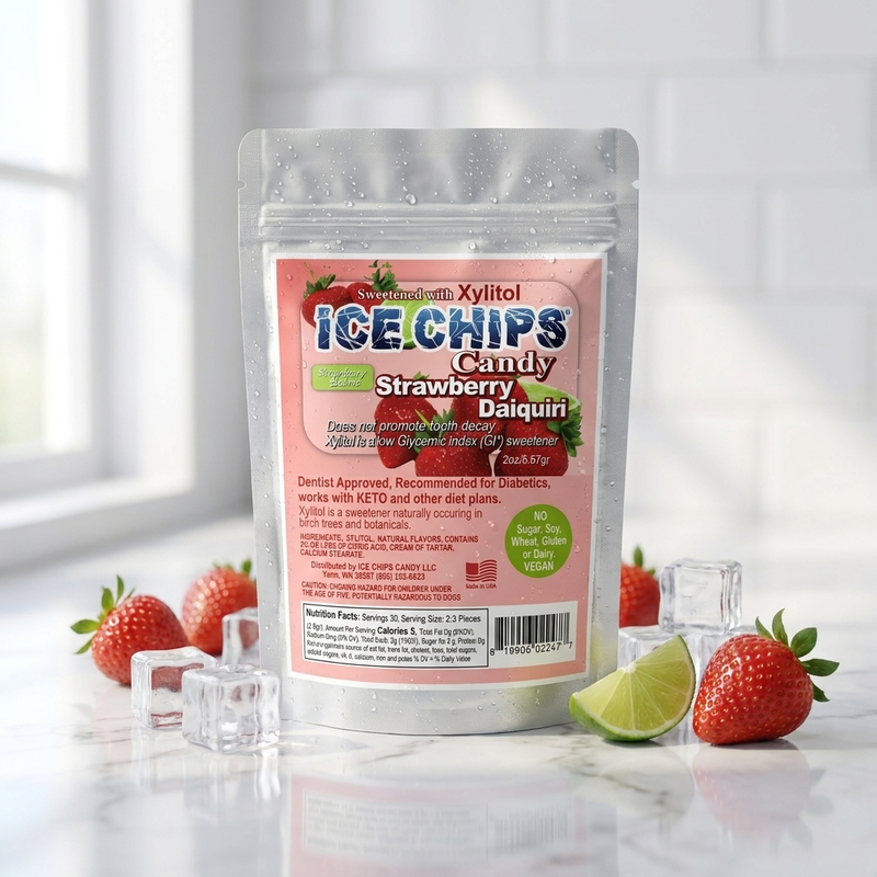 A stand-up pouch of Ice Chips Candy Strawberry Daiquiri flavor, displayed on a reflective white surface with fresh strawberries, lime wedges, and clear ice cubes around it. The background is a bright, softly blurred kitchen or studio setting with white subway tiles.