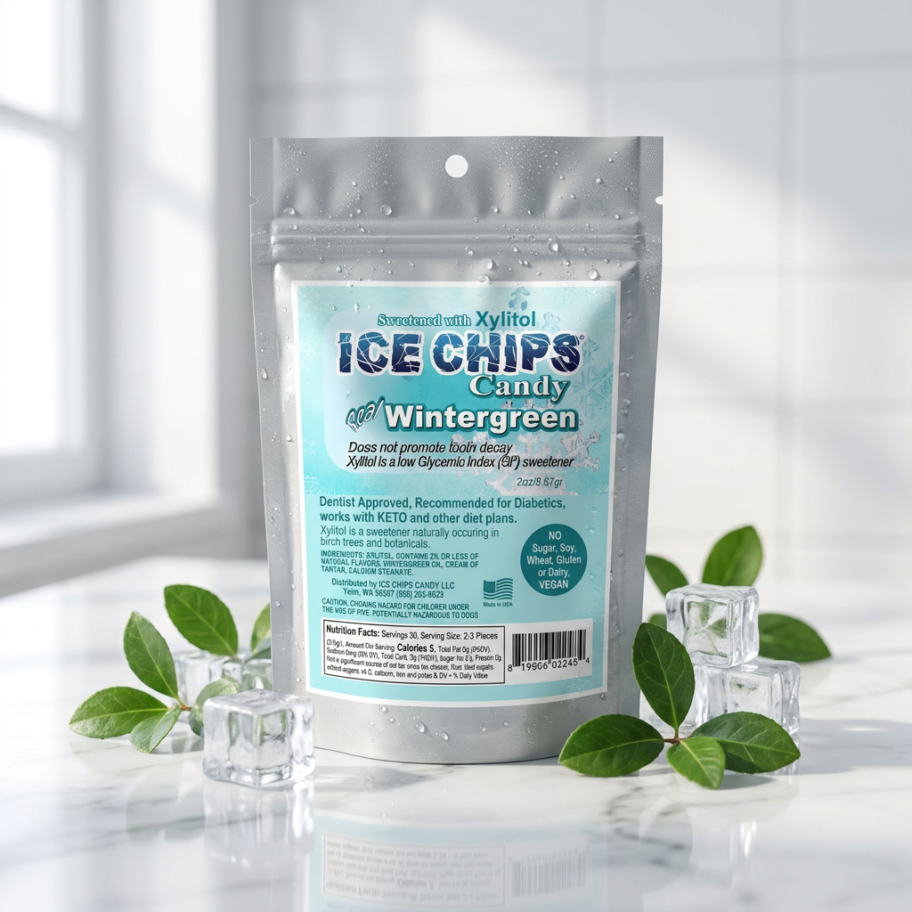 A stand-up pouch of Xylitol Ice Chips Candy Wintergreen, styled with green leaves and clear ice cubes on a reflective white surface against a bright, softly blurred background.