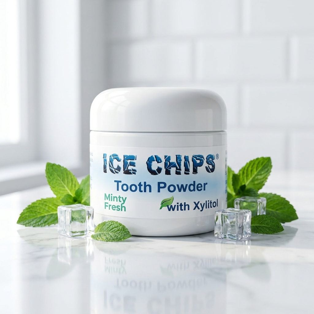 A white plastic jar of ICE CHIPS Tooth Powder in the Minty Fresh flavor, styled on a white marble surface with mint leaves and clear ice cubes against a white subway tile background.