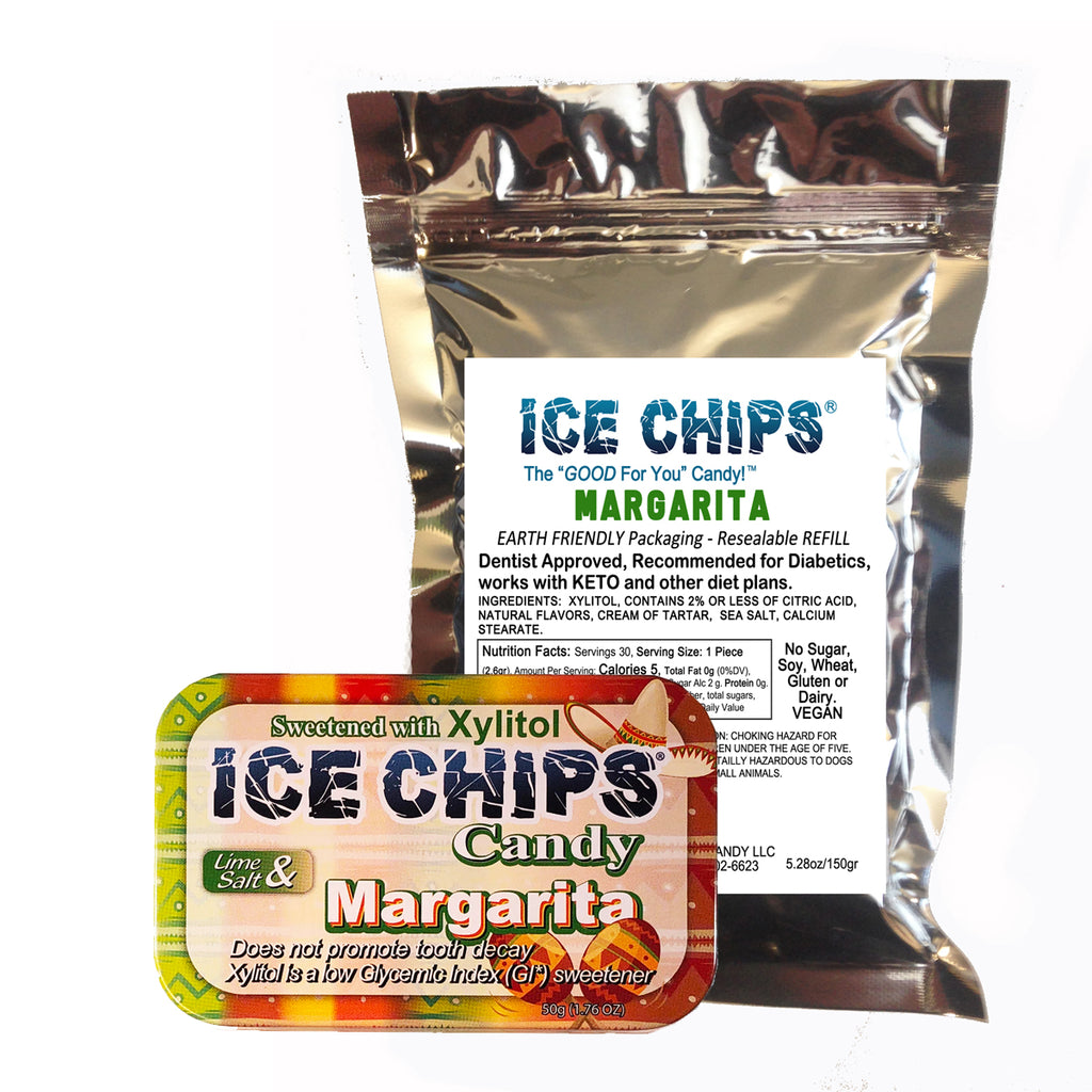 A refill pouch of Ice Chips Candy Margarita sugar-free ice chips next to its original tin container, both featuring the brand name 'ICE CHIPS' and flavor 'Margarita'.