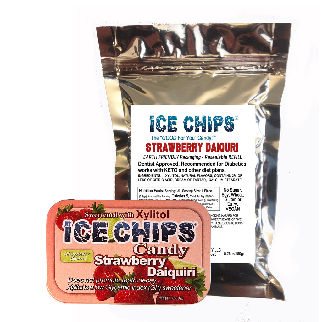 A package of Ice Chips Strawberry Daquiri candy in a metallic silver resealable pouch with a pink and white candy tin shown in front on a white background.